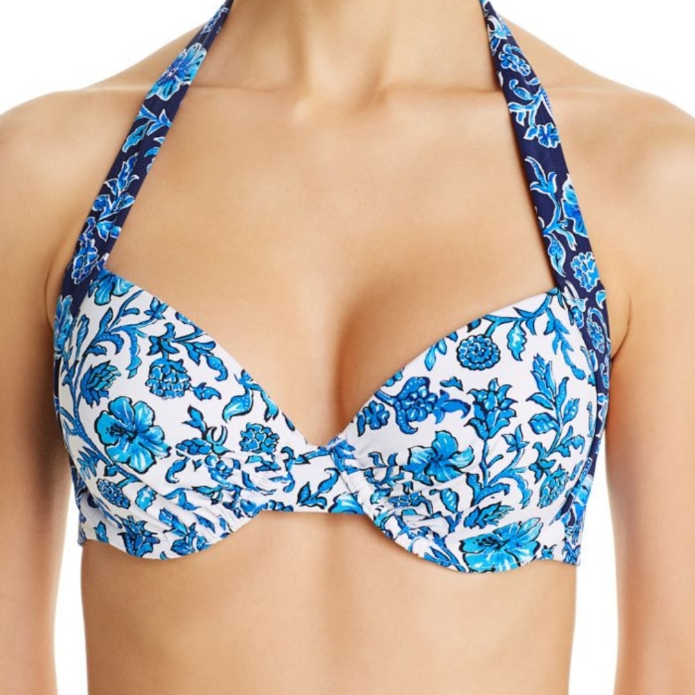 Tommy Bahama blue stamped medalion halter bikini top 36C